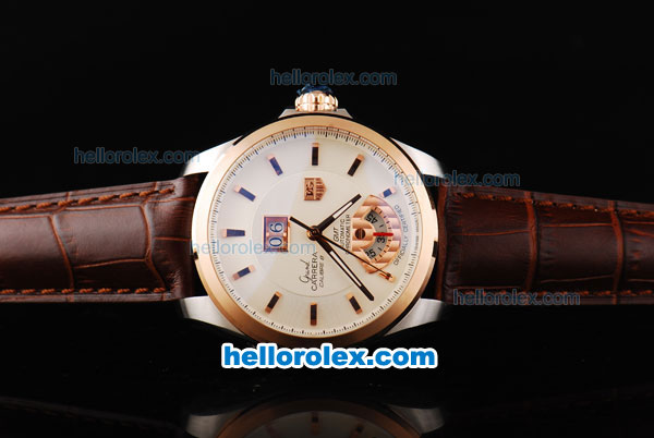 Tag Heuer Carrera Calibre 8 Chronometer Automatic Movement Gold Bezel with White Dial and Rose Gold Stick Markers-Brown Leather Strap - Click Image to Close